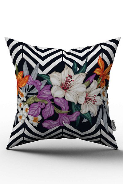 Cango Home Husă de pernă cu model în zig-zag floral alb-negru - Otyk524