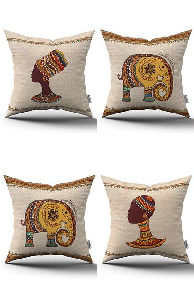 Cango Home Set de fete de pernă crem etnic african cu model elefant imprimat digital 4kmbs302