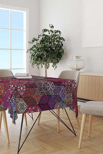Cango Home Pink Multicolored Retro Vintage Patterned Digital Printed Tablecloth Otyk292-ms