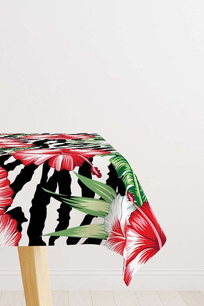 Cango Home Black Red Tropical Flower Patterned Digital Printed Tablecloth Otyk466-ms