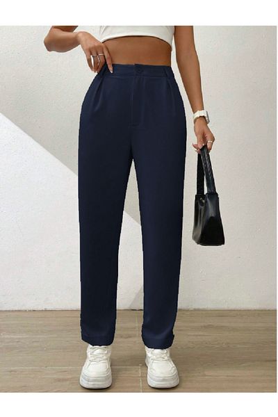 night blue Double Leg Double Pleated Trousers-Dark Blue