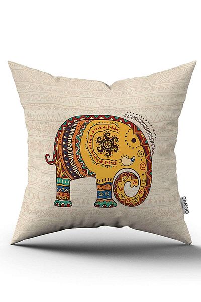 Cango Home Cream Ethnic Elephant Patterned Digital Printed Throw Pillow Pillow Case - CGH1254-2