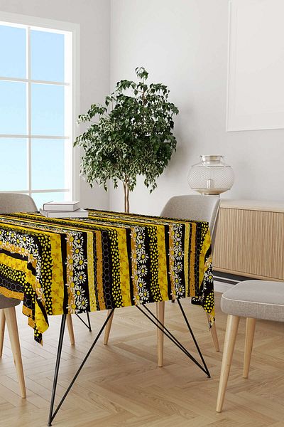 Cango Home Yellow Black Honeycomb Daisy Patterned Digital Printed Tablecloth Cgh1193-ms