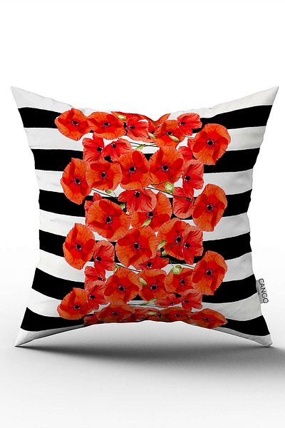 Cango Home Față de pernă cu două fețe, roșu, negru, cu dungi florale, imprimată digitală, Cgh1072