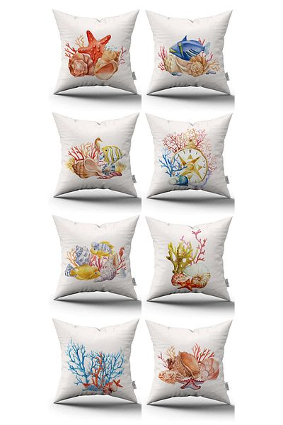 Cango Home Set de 8 huse de pernă cu model marin albastru portocaliu - 8kmbs282
