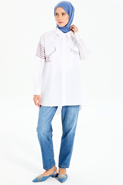 Tuğba Süs Cep Kapaklı Garnili Gömlek - Beyaz