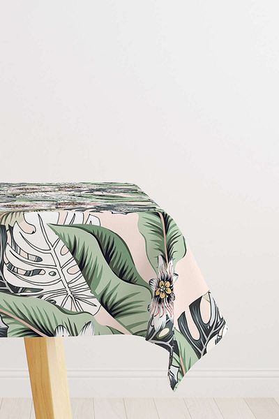 Cango Home Green Beige Floral Patterned Digital Printed Tablecloth Otyk793-ms