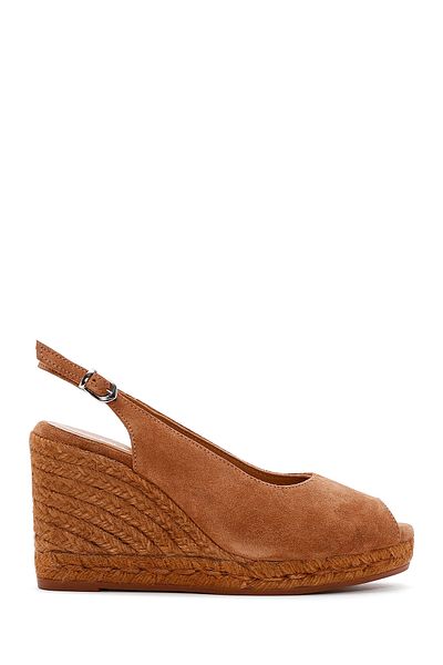 Derimod Tan Suede Leather Wedge Heeled Espadrille - With Ankle Strap, 24sfd150810