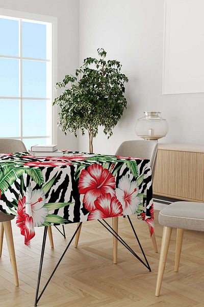 Cango Home Black Red Tropical Flower Patterned Digital Printed Tablecloth Otyk466-ms