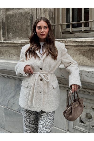 Laluvia Bunda Stone Boucle Belted Razítko