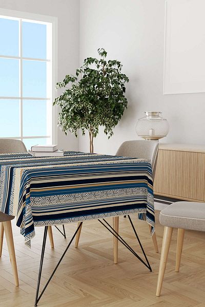 Cango Home Navy Blue Beige Striped Modern Digital Printed Tablecloth Cgh489-ms
