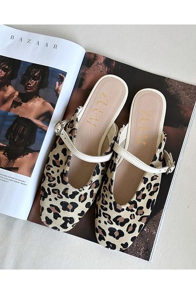 Zuum Fiona Beige Leopard Patterned Genuine Leather Women's Slippers