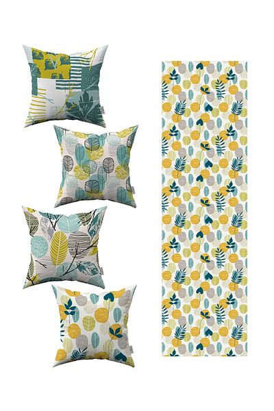 Cango Home Yellow Green Decorative Leaf Patterned 4-Piece Throw Pillow Cover 1 Runner Set 4kmbs289-rs-2