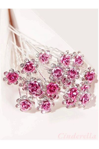 Cinderella Pachet de 10 mini agrafe de păr cu design de flori roz din piatră de cristal - accesoriu pentru păr pentru coroană de mireasă