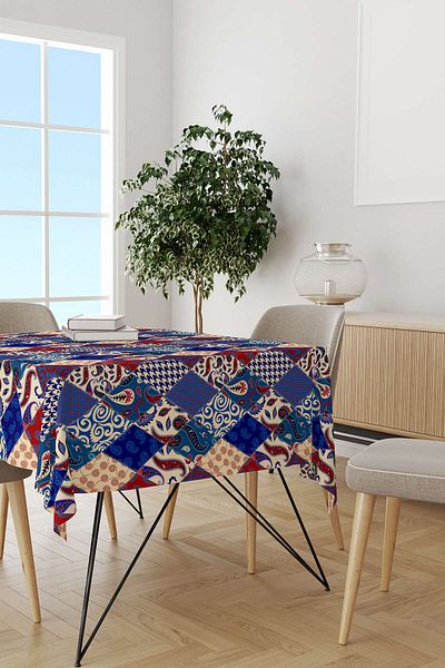 Cango Home Red Navy Blue Ethnic Patchwork Patterned Digital Printed Tablecloth Cgh622-ms