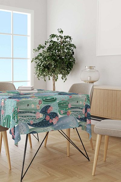 Cango Home Green Blue Cactus Patterned Digital Printed Tablecloth Otyk794-ms