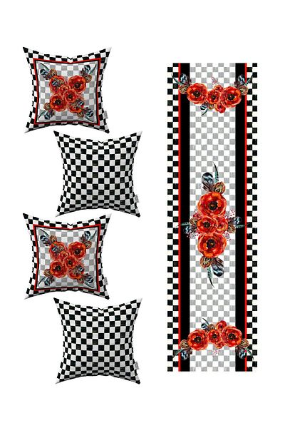 Cango Home Red Black Checkered Floral Patterned 4-Piece Throw Pillow Cover 1 Runner Set 4kmbs248-rs