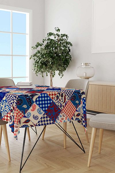 Cango Home Red Blue Ethnic Patchwork Patterned Digital Printed Tablecloth Cgh605-ms