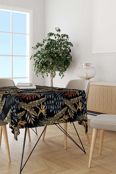 Cango Home Black Multicolored Tropical Leaf Patterned Digital Printed Tablecloth Otyk796-ms