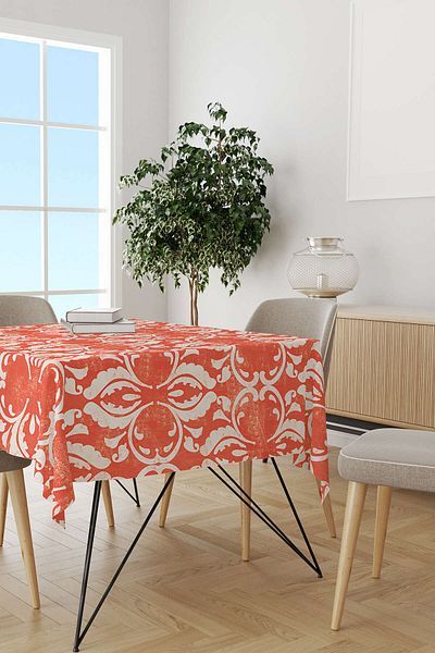 Cango Home Orange and White Damask Patterned Digital Printed Tablecloth Otyk064-ms