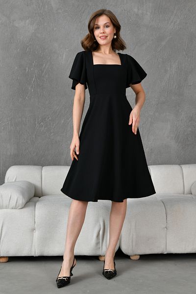 barış sülün lovebox Sleeve Detailed Flexible Scuba Crepe Fabric Square Neck Midi Length Black Evening Dress Black Graduation Dress 082