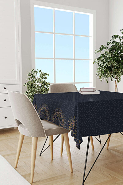 Cango Home Navy Blue Ramadan Themed Motif Patterned Digital Printed Tablecloth Cgh1288-ms