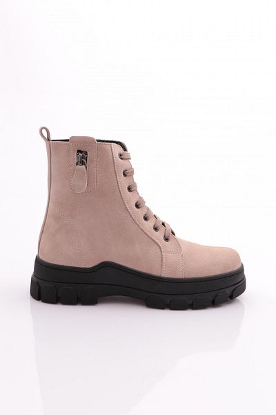 DGN Women's Zipper Detailed Lace up Boots Beige Suede Genuine Leather 1681123217