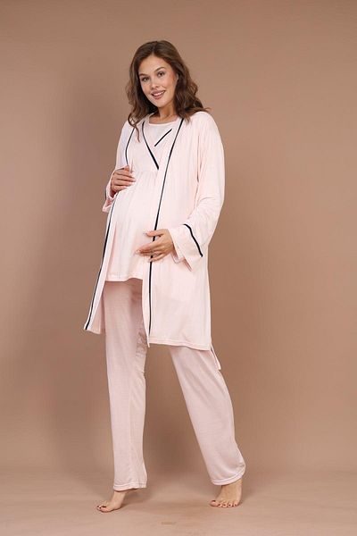 lohusahamile Long Sleeve Piping Maternity Pajamas Set with Dressing Gown