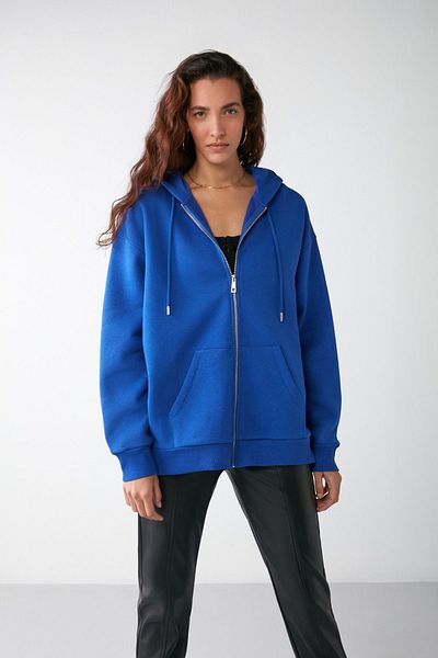 GRIMELANGE Alena női Basic Kangaroo Pocket Oversize organikus pamut cipzáras kapucnis Saks kék pulóver