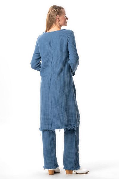 Eliş Şile Bezi Double Muslin Tunic with Asymmetrical Cutout Embroidery - Long Sleeve, V-Neck, Autumn and Winter, Indigo Indg