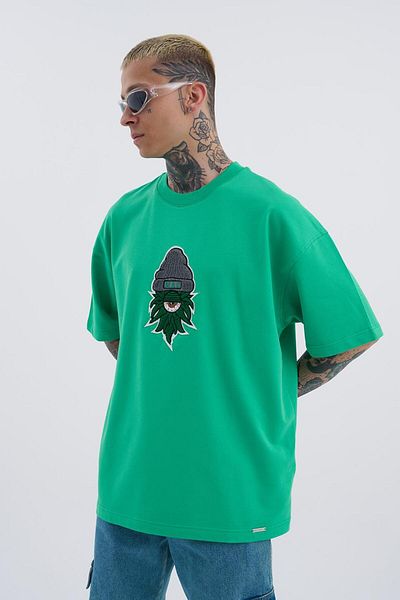 Machinist Πράσινο Oversize Κεντημένο Ανδρικό T-Shirt - Σχέδιο Leaf Eye
