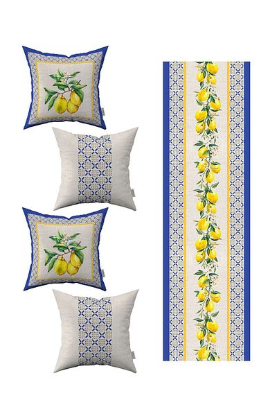 Cango Home Husă de pernă decorativă cu model de lămâie, albastru, galben, 4 piese, 1 set de alergători 4kmbs249-rs