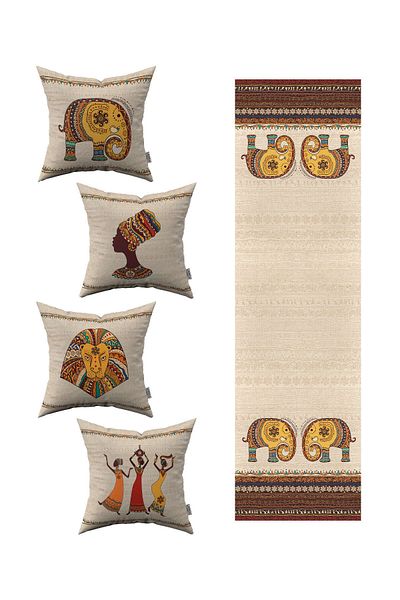 Cango Home Husă de pernă din 4 piese cu model de elefant etnic african crem 1 set de alergători 4kmbs304-rs-2