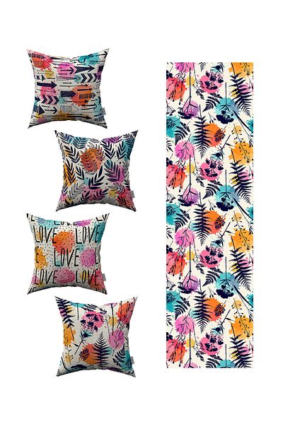Cango Home Husă de pernă albă, multicoloră, modernă, decorativă, cu model, 4 piese, 1 set de alergători 4kmbs81-rs-02