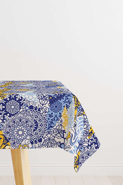 Cango Home Navy Blue White Ethnic Vintage Patterned Digital Printed Tablecloth Otyk016-ms