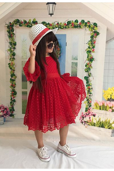 Mixie Girl's Red Laced Lace Dress Special Occasion Birthday Dress
