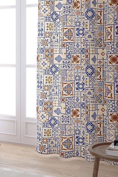 Cango Home Καφέ Μπλε Ethnic Πλακάκι με μοτίβο ψηφιακής τυπωμένης κουρτίνας Cgh611-pr