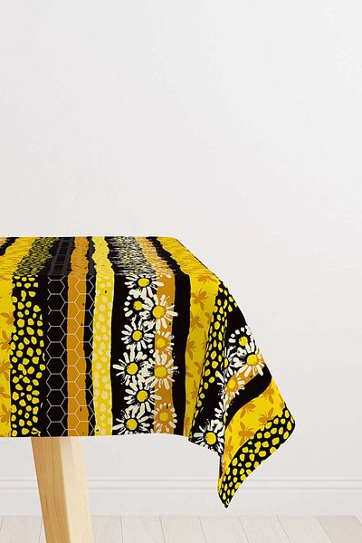 Cango Home Yellow Black Honeycomb Daisy Patterned Digital Printed Tablecloth Cgh1193-ms