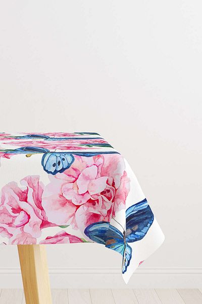 Cango Home Pink Blue Butterfly and Flower Patterned Digital Printed Tablecloth Otyk472-ms