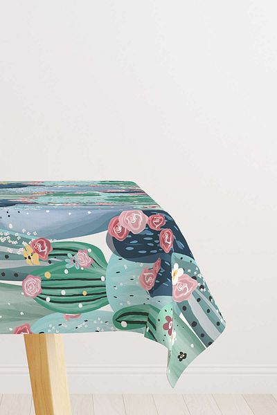 Cango Home Green Blue Cactus Patterned Digital Printed Tablecloth Otyk794-ms