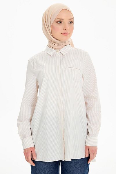 Tuğba Beige Striped Shirt - Slit Detail