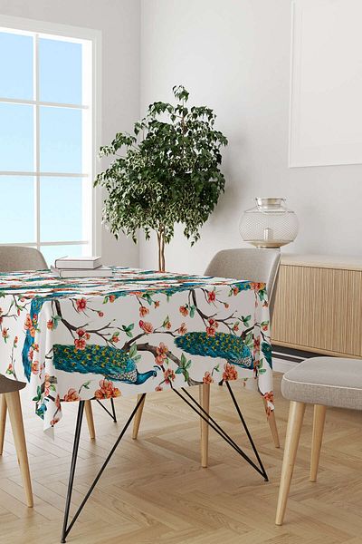 Cango Home Turquoise Orange Peacock Patterned Tablecloth Cgh016-ms