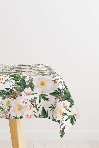 Cango Home Green and White Floral Digital Printed Tablecloth