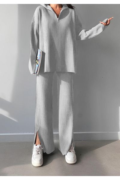 Little Visqon Gray Double Set - Zipper Detailed Collar and Slit Long Rated