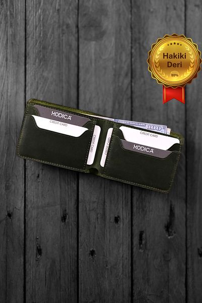 Modica Tulipa - Tumbled Genuine Leather Natural Slim Classic Green Men's Wallet, High-Level Detail Workmanship