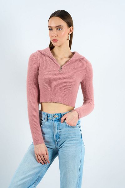 Qu Style Women's Powder Polo Neck Zippered Crop Knitwear Sweater