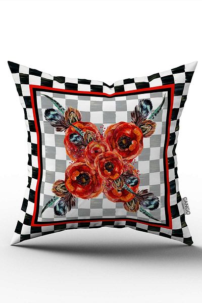 Cango Home Față de pernă cu două fețe, roșu, negru, în carouri, cu model de flori, imprimată digitală Cgh1048