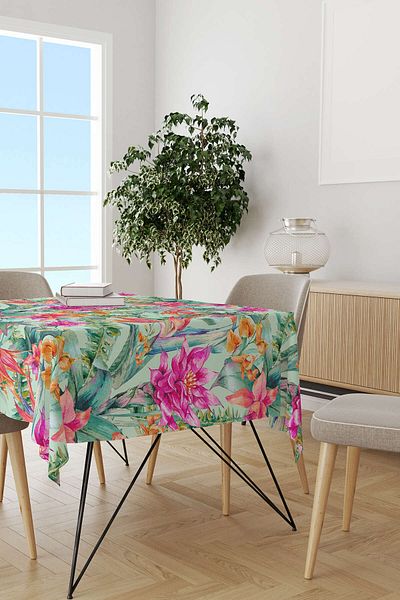 Cango Home Green Pink Botanical Flower Patterned Digital Printed Tablecloth Otyk711-ms