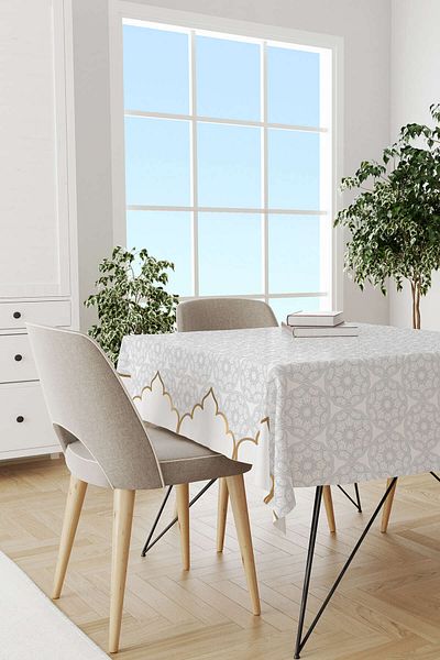 Cango Home White Gray Ramadan Themed Decorative Patterned Digital Printed Tablecloth Cgh1284-ms