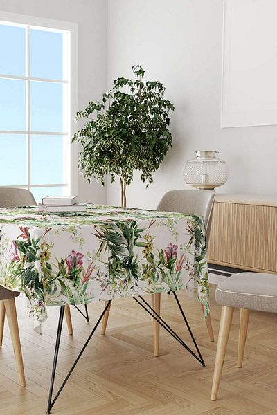 Cango Home Green and White Tropical Leaf Patterned Tablecloth Cgh028-ms